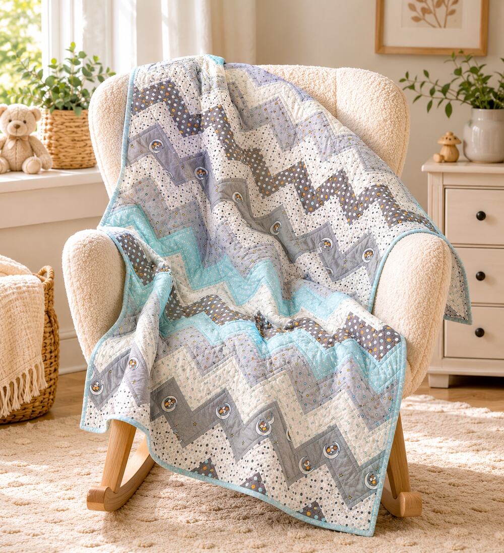 Handmade Baby Quilt 38x50 Llama Flannel Back Chevron Cotton Nursery Blanket